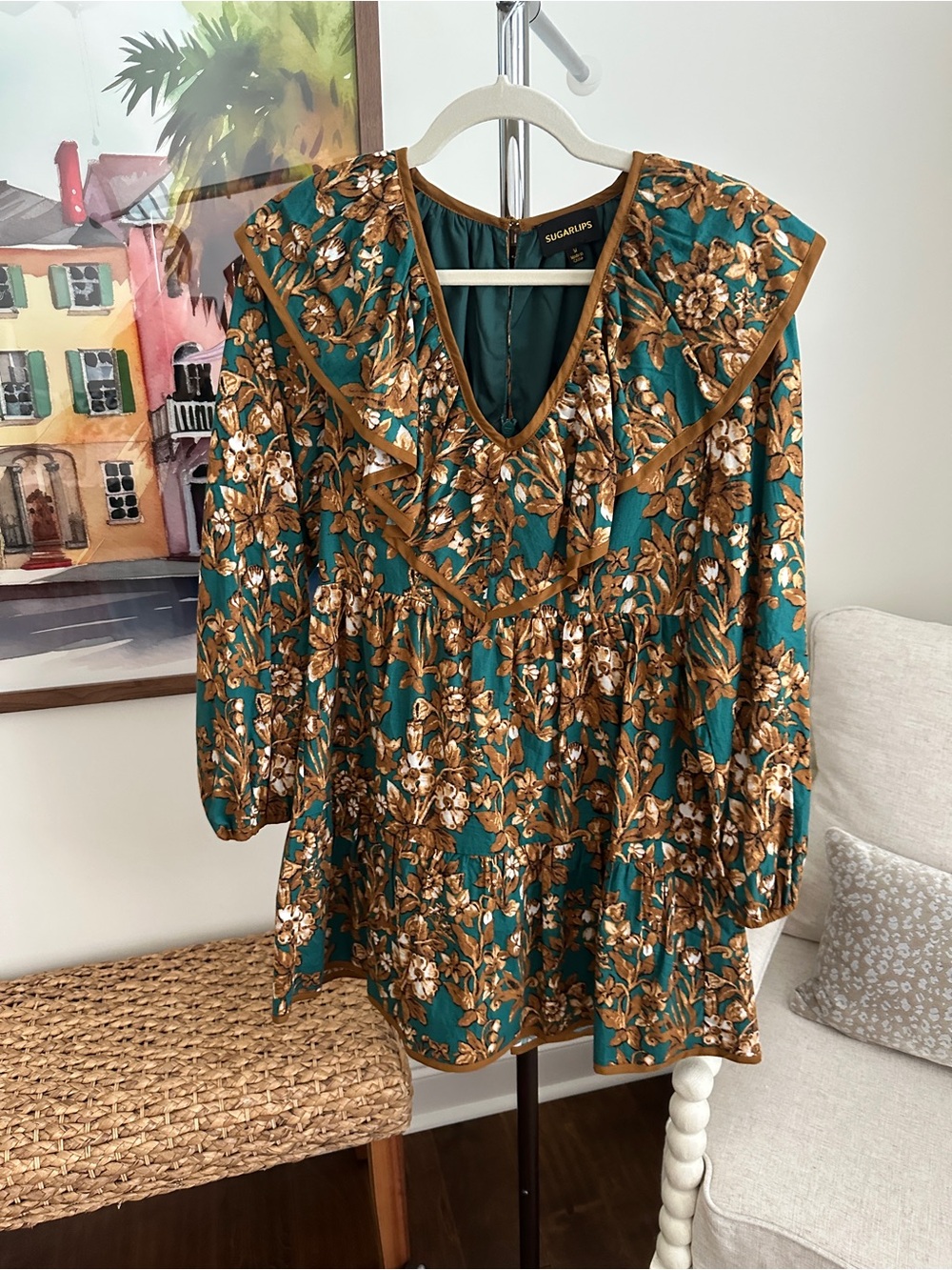 SugarLips Floral Ruffle Dress in Teal and Mustard